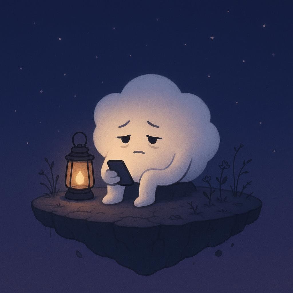 Digital illustration of a gentle, round cloud character slumped on the edge of a small floating island under a deep blue-purple night sky filled with soft stars, looking tired and a bit numb while scrolling a dim phone beside a warm lantern. Sparse, slightly wilted plants and a few flowers with tiny thorns grow from cracked patches of soil, hinting at quiet struggle without feeling scary. The composition is minimalist and clean, with the cozy lantern glow softly outlining the cloud’s shape and casting light on the weathered ground.