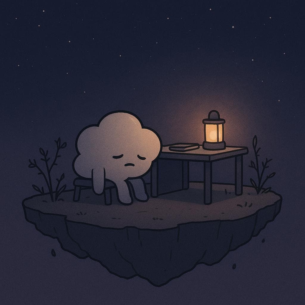 Digital illustration of a small, soft, round cloud character slumped at the edge of a floating island study nook at night, surrounded by a few scraggly plants with tiny thorns and weathered leaves. The dark blue-purple sky is filled with distant stars, and a single warm lantern on a low desk casts a gentle glow that reaches the cloud but doesn’t fully light the space, emphasizing that everything feels like ‘too much’ while still hinting at safety and calm. Minimalist, clean lines and muted colors highlight the character’s tired, overwhelmed mood without making the scene feel harsh or scary.