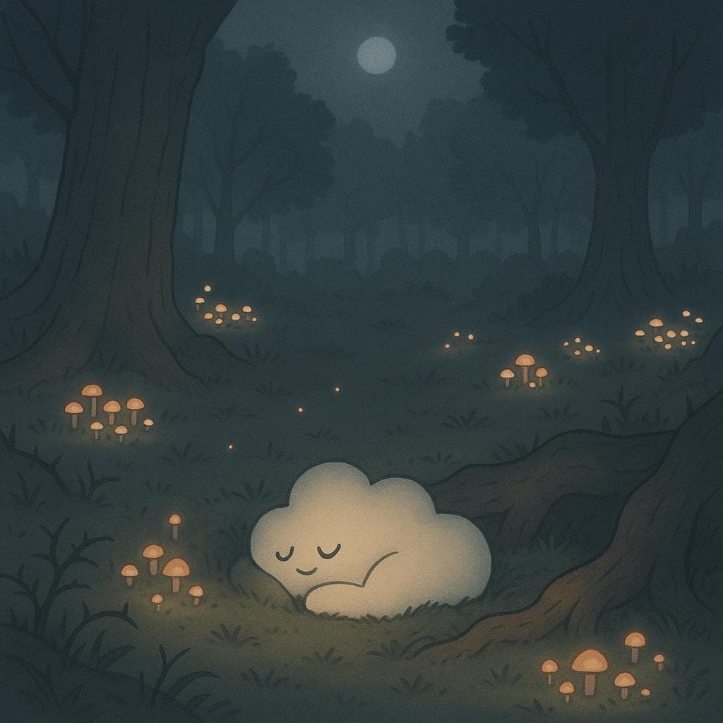 Wide overhead view digital illustration of the misty forest clearing now softly aglow, with more mushrooms and fireflies lit in gentle clusters around the space like small constellations. The cloud character lies curled up and peacefully resting on a bed of moss between two ancient tree roots, faint smile on its face, bathed in a mix of soft moonlight from above and warm mushroom light below, while the remaining thorns and weathered textures feel distant and non-threatening. Clean, minimalist style with muted night tones and subtle warm highlights emphasizes calm, quiet accomplishment and a sense of safe completion.