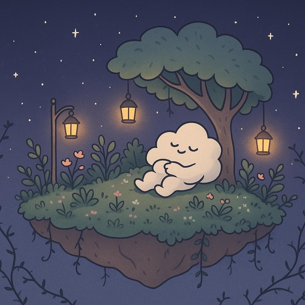 Wide, dreamy illustration of the floating island now feeling more balanced, with clusters of healthy plants, small flowers, and a few gentle thorny vines framing the scene, while the cloud character rests under a tree, leaning back in peaceful contentment. Multiple warm lanterns hang from branches and posts, pooling cozy light against a star-filled dark blue-purple night sky, while the more weathered elements of the island feel integrated rather than dominant. The minimalist, clean style and soft colors create a calm, hopeful closing mood, emphasizing that many tiny habits have added up to a soothing, cared-for space.