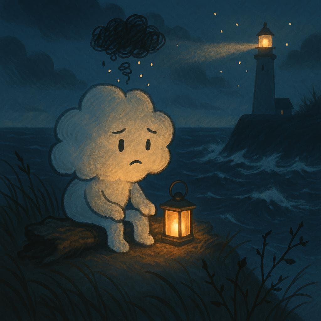 Medium shot, digital illustration of the cloud character sitting on the driftwood at the cliff’s edge, looking out over the dark, restless sea as whitecaps crash below: their fluffy form is slightly drooped on one side, and tiny stormy scribbles hover just above their head, gradually dissolving into small, glowing firefly-like lights drifting toward the lighthouse. The wind-swept grasses and a few thorny stems frame the foreground, while the lighthouse glow and a small lantern by the cloud’s side illuminate their face with warm, reflective light against the cool twilight blues. The mood is contemplative and in-motion, capturing a moment where overwhelming thoughts are slowly transforming into softer, more manageable sparks.