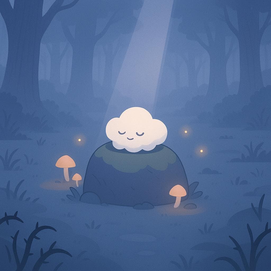 Wide, slightly overhead shot digital illustration of the misty forest clearing now feeling more open and calm, with the ancient trees receding into softer fog and the thorny plants appearing less dominant. The cloud character is nestled peacefully atop a large moss-covered stone in the center, eyes gently closed, as a soft beam of moonlight filters through the canopy and mingles with warm glows from mushrooms and drifting fireflies surrounding them. Minimalist, clean style with muted blues and purples, subtle warm accents, and a serene, grounding atmosphere that suggests quiet resolution and acceptance.
