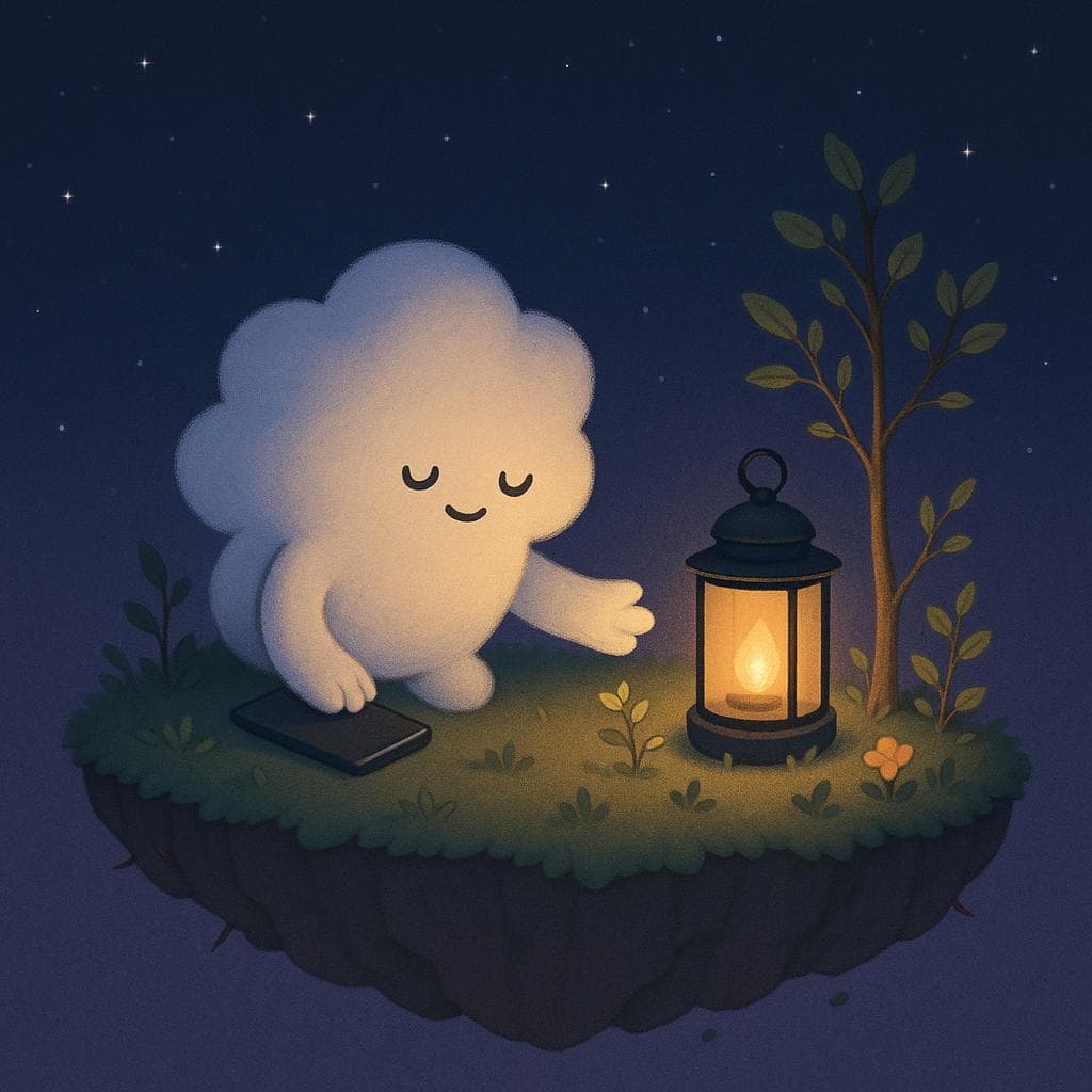 Digital illustration of the same soft, friendly cloud character on a slightly larger floating island at night, turning the phone face down beside them while reaching instead toward a warm lantern set among small plants, flowers, and a young tree. Subtle thorns remain on some weathered rocks and stems, but new leaves and buds are sprouting, all under a calm dark blue-purple starry sky. The minimalist, clean composition emphasizes a moment of progress and choice, with the lantern’s cozy glow gently outshining the dim phone screen.