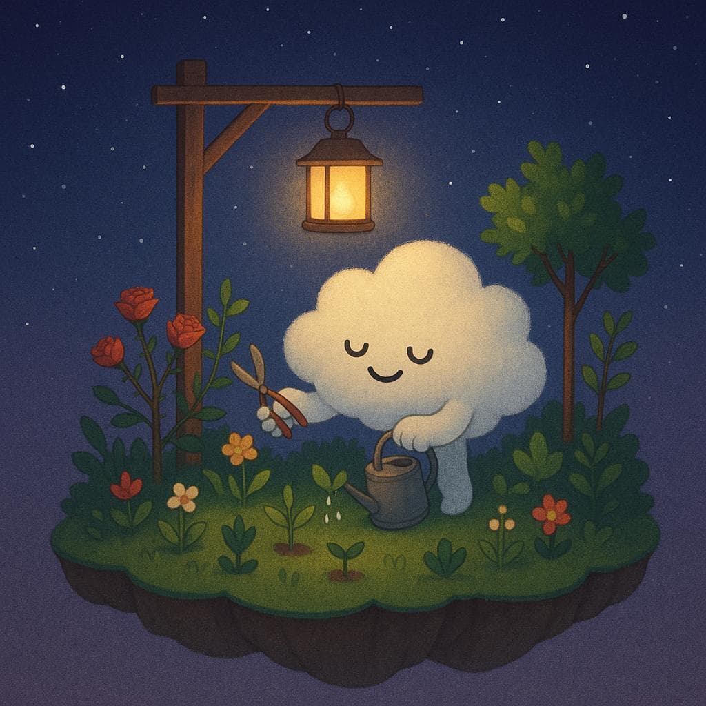 Digital illustration of the cloud character peacefully tending to a lush garden of plants, flowers, and small trees on a floating island at night, gently pruning a few thorny stems and watering new sprouts. A warm lantern hangs from a simple wooden arch, bathing the garden and the smiling cloud in cozy light, while the dark blue-purple starry sky stretches wide and tranquil in the background. The minimalist, clean composition feels hopeful and soothing, with soft edges and subtle textures showing that challenges remain but are now manageable and cared for.