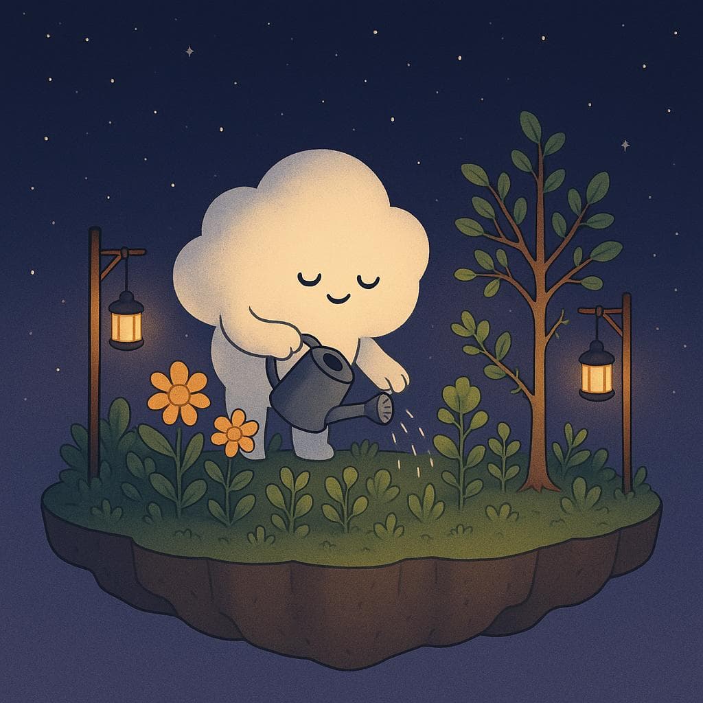 Digital illustration of the gentle round cloud character peacefully tending a lush mini garden on a floating island at night, watering thriving plants, flowers, and a small tree that still has a few soft thorns on older branches. Several warm lanterns hang from simple posts and tree branches, creating pools of cozy golden light against a serene dark blue-purple starry sky. The minimalist, clean style and softly weathered island edges convey hopeful calm and steady growth, as the character smiles and focuses fully on their tranquil garden instead of any screens.