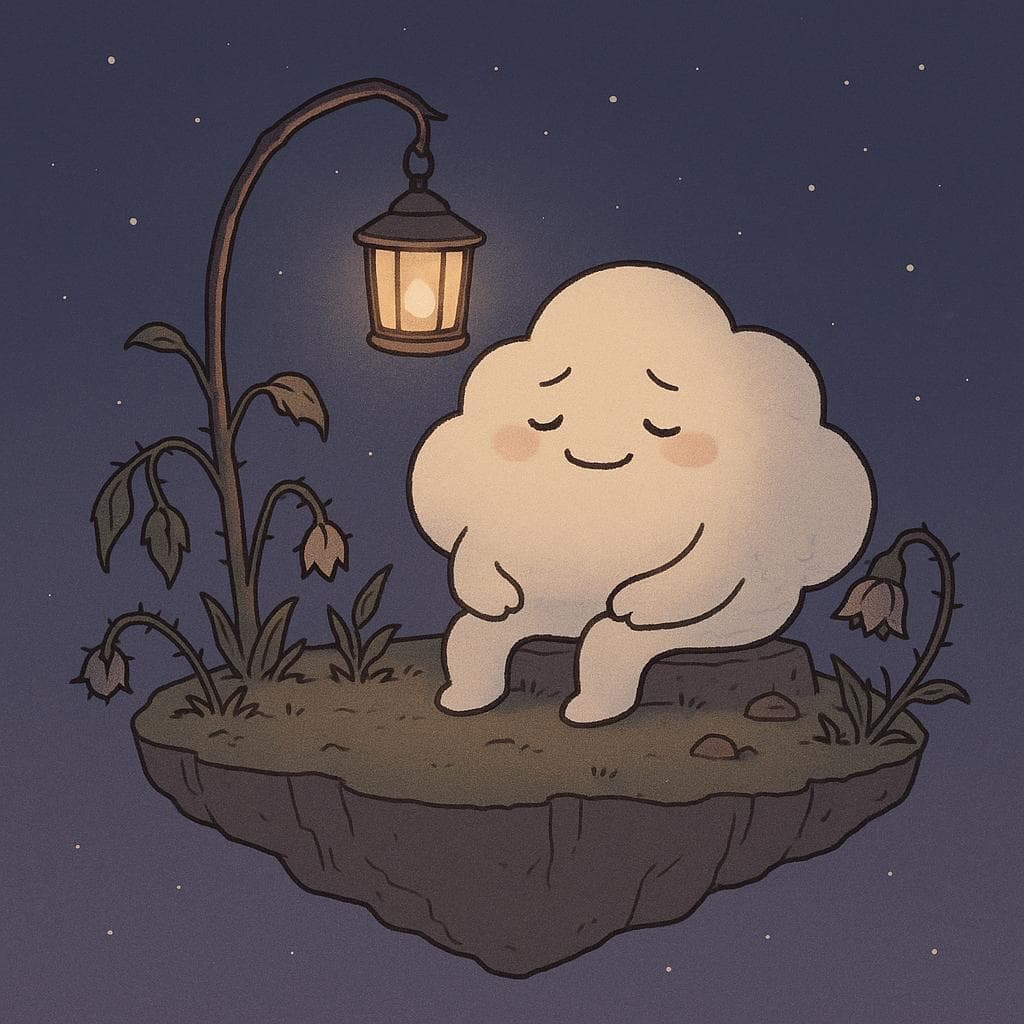 Digital illustration of a soft, round cloud character sitting on the edge of a small floating island at night, surrounded by a few drooping plants and flowers with tiny thorns and slightly weathered leaves. The cloud smiles politely while its shape subtly sags with exhaustion, lit by a single warm lantern hanging from a bent branch, against a deep blue-purple starry sky. Minimalist, clean line art with gentle colors, capturing a calm yet quietly overwhelmed mood.