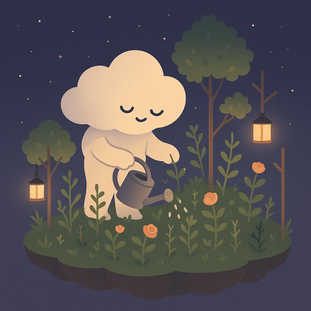 Digital illustration of the cloud character peacefully tending a lush garden on a floating island at night, gently watering thriving plants, flowers, and small trees that still show a few soft thorns as reminders of past struggles. Multiple warm lanterns hang from branches and simple posts, creating a comforting pool of light against the calm dark blue-purple starry sky. Minimalist, clean aesthetic with soft edges and tranquil colors, conveying hope, rest, and quiet emotional recovery.