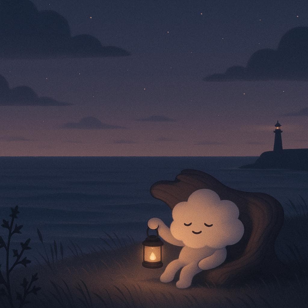 Wide shot digital illustration at deep twilight, the seaside cliff sanctuary now calmer, with the ocean below softly shimmering and the wind-swept grasses gently still. The cloud character rests comfortably against a large piece of driftwood shaped like a natural bench, edges less frayed and softly rounded, holding a small lantern that adds a warm amber glow to their face while the distant lighthouse light is dim but steady in the background. Minimalist, muted palette with warm accent lighting from the lantern, faint stars beginning to appear, and the thorny plants now silhouetted and less imposing, conveying quiet relief and grounded peace.