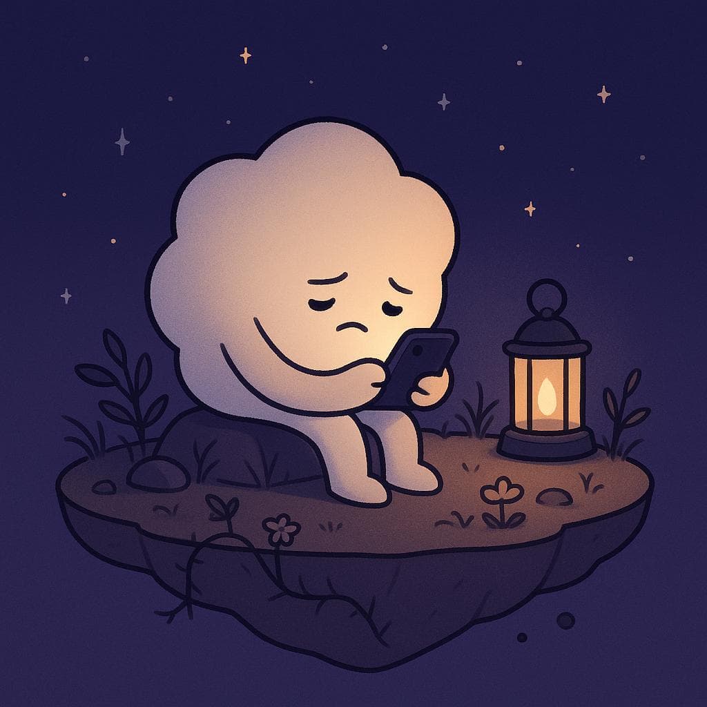 A soft, round cloud character sits on the edge of a small floating island under a dark blue-purple night sky filled with gentle stars, slumped over a glowing phone while a warm lantern nearby casts a cozy light it’s too distracted to notice. Sparse, sleepy plants and a few small flowers grow around the cloud, with subtle thorny vines and slightly weathered rocks hinting at stress and self-criticism without feeling scary. Minimalist digital illustration style, clean lines and calming colors, capturing a relatable mood of half-resting, half-anxious scrolling.