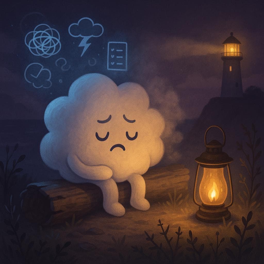 Medium shot digital illustration of the cloud character nestled on the driftwood log, split between two light sources to symbolize guilt versus rest. On one side, harsh, cool bluish light from an unseen screen paints worried thought-scribbles and to-do list icons in the air around the cloud’s head; on the other side, a soft amber lantern set in the grass illuminates tiny coastal plants, thorns, and the nearby lighthouse glow, gently dissolving some of the anxious symbols into mist. The scene is set on the cliff at night with muted purples and deep blues, emphasizing the moment of inner conflict and the first small shift toward choosing rest.