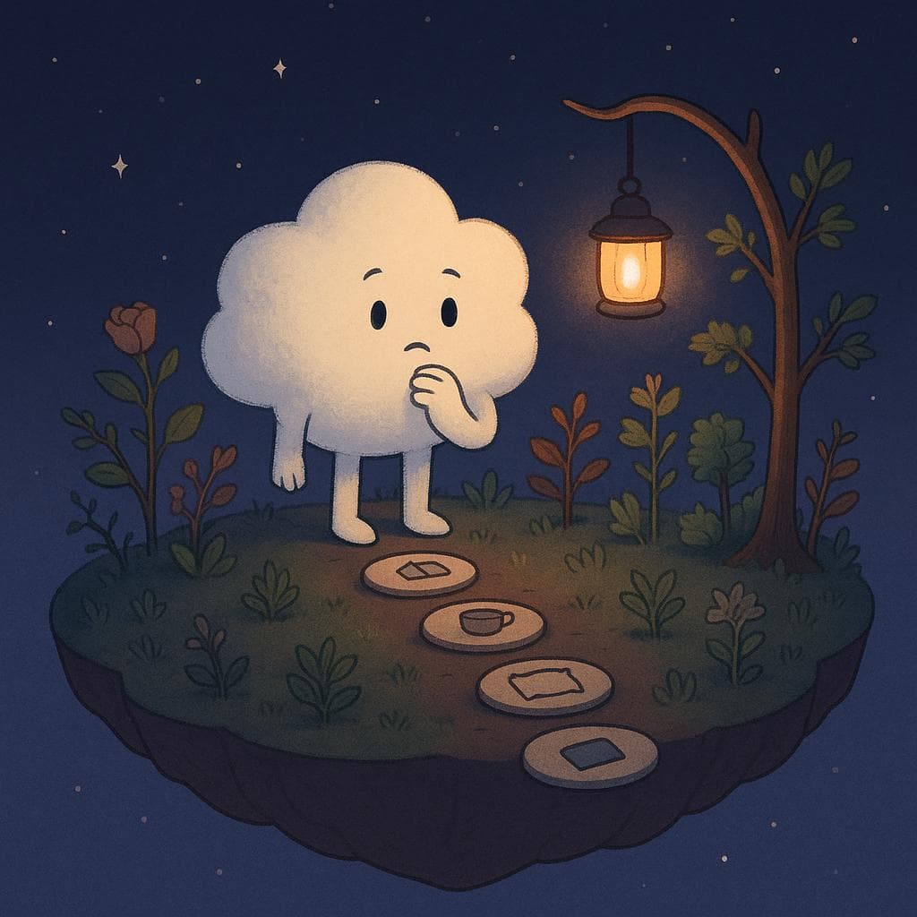 The same cloud character now stands in the center of a slightly larger floating island, looking thoughtfully at a simple path made of stepping stones labeled with tiny icons for rest (like a book, tea cup, pillow), softly lit by a warm lantern hanging from a curved branch. Around the cloud, more plants, flowers, and a small tree are beginning to grow, some still wrapped in gentle thorns or with weathered leaves, symbolizing progress through challenges. The dark blue-purple night sky with scattered stars and a dreamy, minimalist illustration style create a calm, reflective atmosphere of slow growth and learning to accept rest.