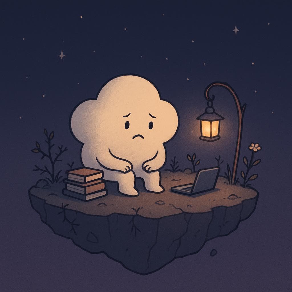 A minimalist digital illustration of a gentle, round cloud character sitting on the edge of a small floating island under a dark blue-purple night sky filled with soft stars, looking down nervously at a stack of books and a tiny laptop beside them. Around the cloud, small plants and delicate flowers grow from cracks in the island’s surface, with a few subtle thorns and slightly weathered rocks hinting at challenges, while a single warm lantern hangs from a bent twig, casting a cozy glow that contrasts with the cloud’s anxious, imposter-like expression. The overall mood is relatable, tender, and quietly introspective, introducing the character’s self-doubt without feeling harsh or scary.