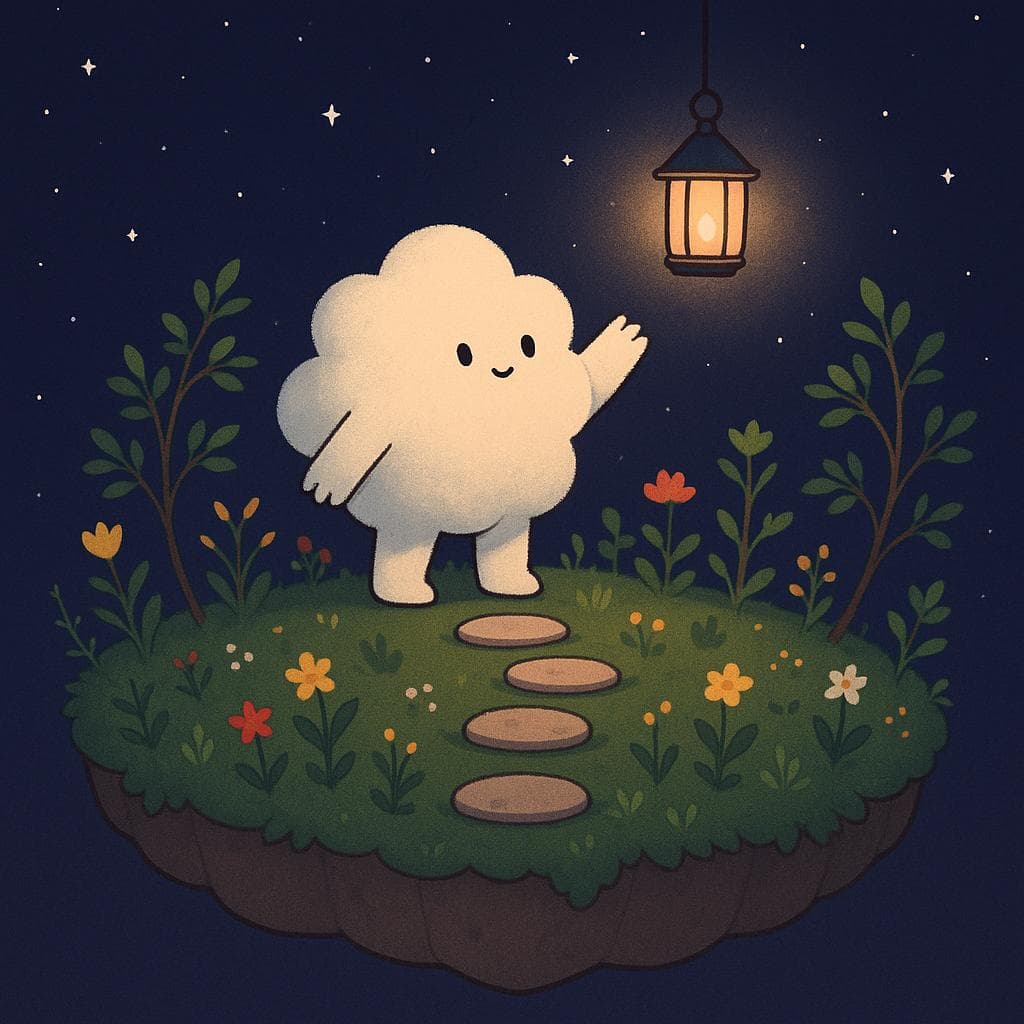 A clean, minimalist digital illustration showing the same cloud character standing more upright on a slightly larger floating island, surrounded by more abundant plants, flowers, and a few small trees that curl gently upward toward the starry night sky. Some leaves still have tiny thorns and the island edges look softly weathered, but the cloud is reaching toward a warm lantern hanging above a simple path of stepping stones, symbolizing small, steady progress against imposter thoughts. The dark blue-purple night background with scattered stars and the lantern’s inviting glow create a calm, hopeful feeling of growth and learning.