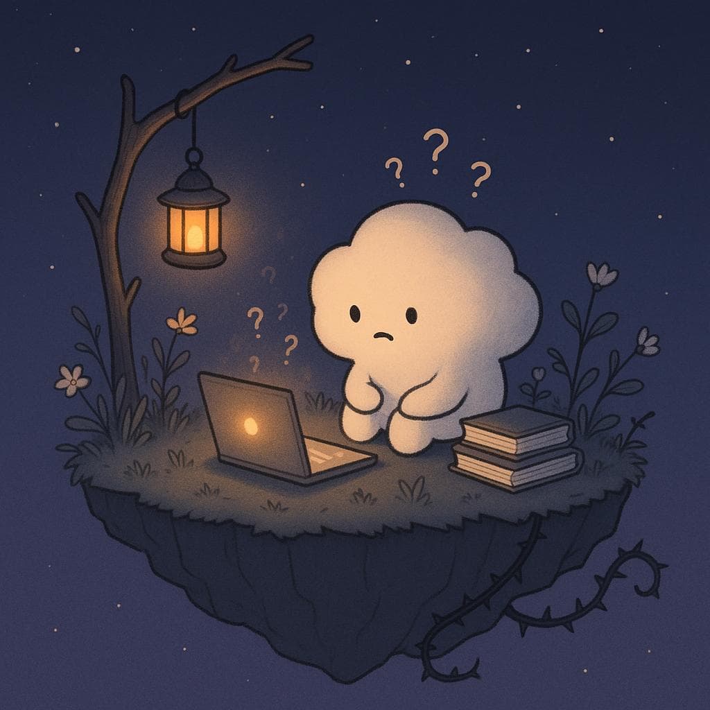 Digital illustration of a small, round, gentle cloud character sitting on the edge of a floating island at night, looking down at a stack of books and a glowing laptop with tiny question marks drifting up like mist. Soft plants and delicate flowers grow around the cloud, with a few subtle thorny vines winding near the edges of the island, while a warm lantern hangs from a crooked branch, casting a cozy light against a deep blue-purple starry sky. The mood is introspective and relatable, capturing that ‘do I really belong here?’ feeling in a minimalist, clean art style.