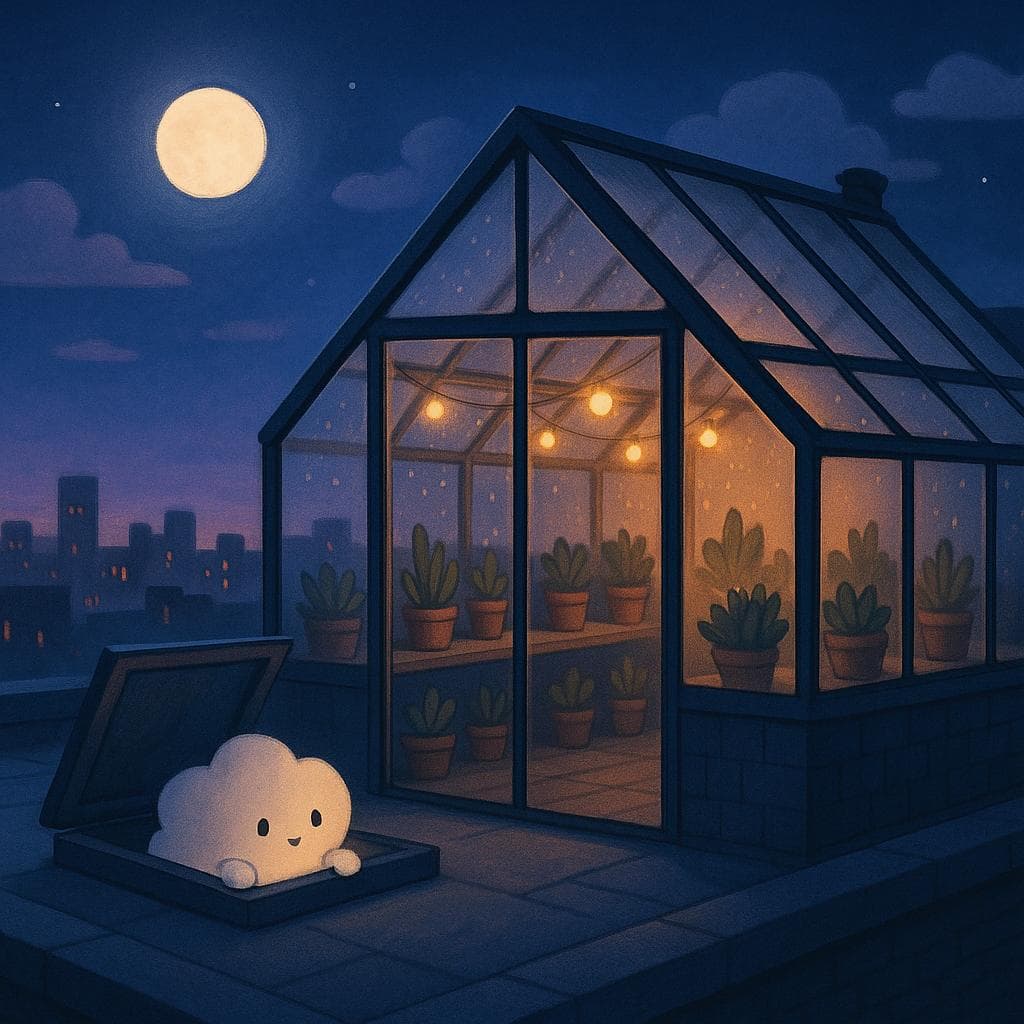 Wide establishing shot illustration of a moonlit rooftop greenhouse, glass panels glistening with faint condensation and potted succulents lining low shelves, with a gentle round cloud character just arriving through an open rooftop hatch, peeking in curiously. Soft twilight blues and purples fill the sky, a distant city silhouette glows below, and a few warm string lights inside the greenhouse cast a welcoming amber glow that contrasts with the cold night, subtly mirroring the mix of overwhelm and hope in the article’s opening mood.