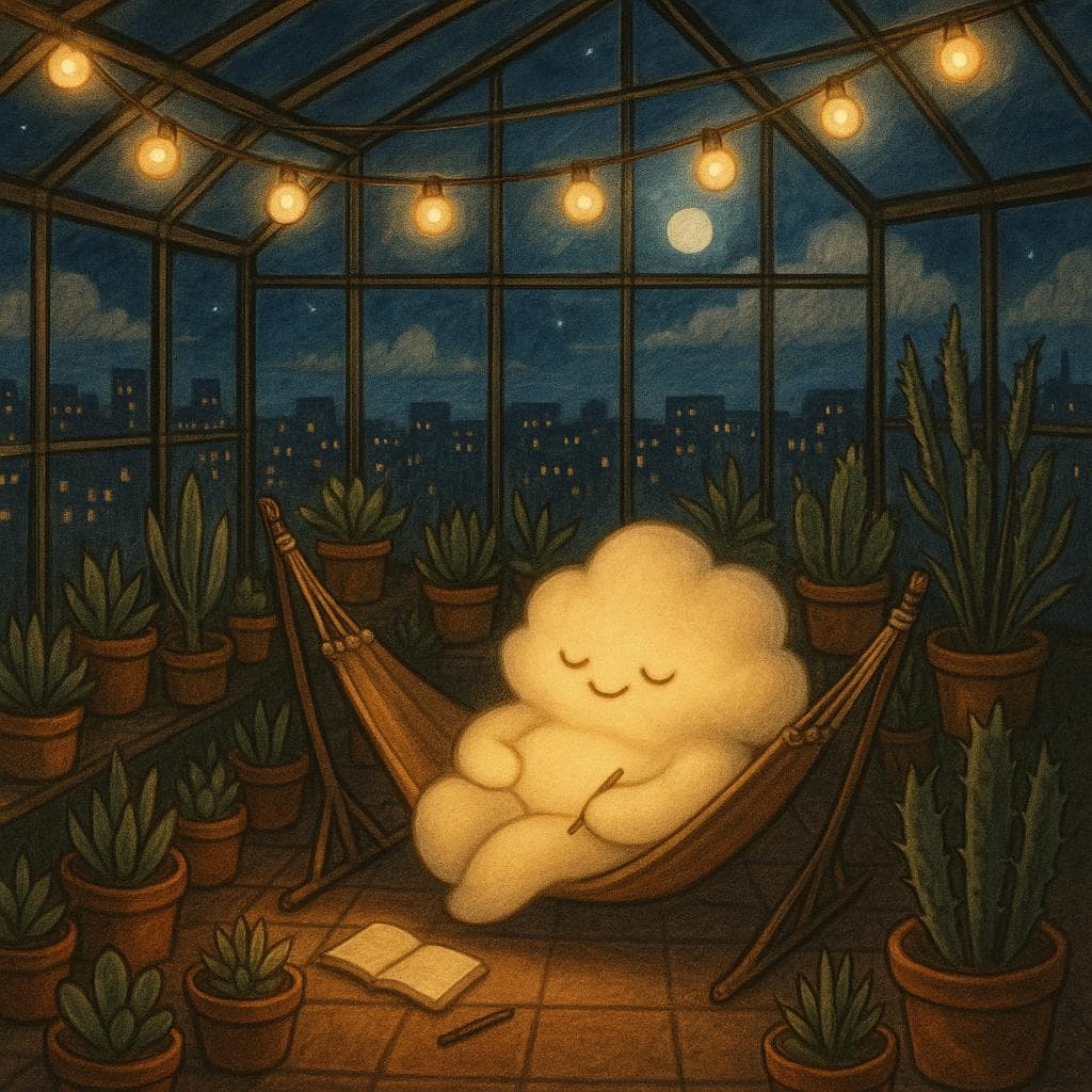 Wide, slightly overhead illustration of the rooftop greenhouse at late-night calm, city lights twinkling softly beyond the glass while string lights cast a cozy golden web over potted succulents and a few resilient, slightly thorny plants. The cloud character now looks softer and more luminous, peacefully curled up in a hammock or low chair with a small open journal and pen beside them, bathed in a mix of gentle moonlight and warm indoor glow, capturing a quiet sense of acceptance, routine, and hard-won emotional ease.