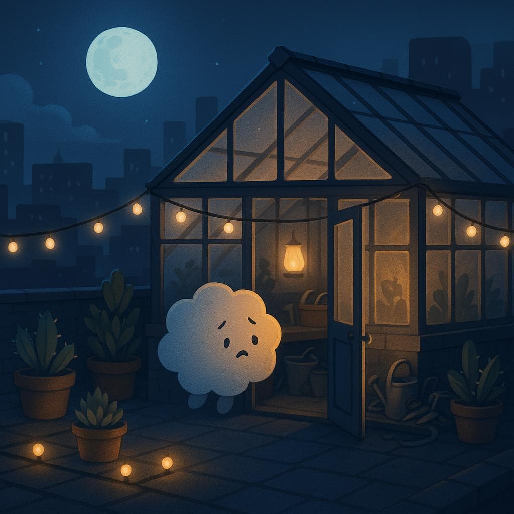 Wide establishing shot digital illustration of a moonlit rooftop greenhouse, glass panels glowing softly against a deep blue city skyline, with string lights casting warm pools of light over potted succulents and a few plants with subtle thorns along the edges. The soft, round cloud character hovers hesitantly at the open greenhouse door, half-in and half-out, its gentle face showing a mix of curiosity and overwhelm as it looks at a cluttered bench piled with watering cans and tools. Light comes mainly from the moon filtering through glass and a single warm lantern inside, creating soft reflections and long, quiet shadows.