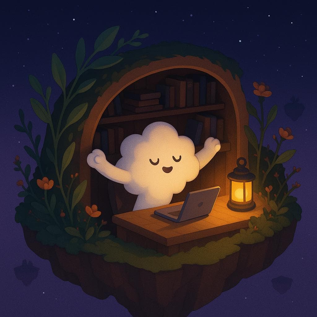 Stylized digital art showing the cloud character in a cozy study nook carved into a larger floating island, surrounded by more awake, gently reaching plants and small flowering shrubs with a few visible thorns along their stems. The cloud is mid-action, closing a laptop and stretching, illuminated by a warm lantern that casts a soft glow against the dark blue starry night, suggesting a shift from overstimulation toward rest. The composition is a dynamic three‑quarter view of the nook, with the island’s edge and distant, smaller floating islands fading into the purple night to symbolize growing awareness of how sleep shapes mood and focus.