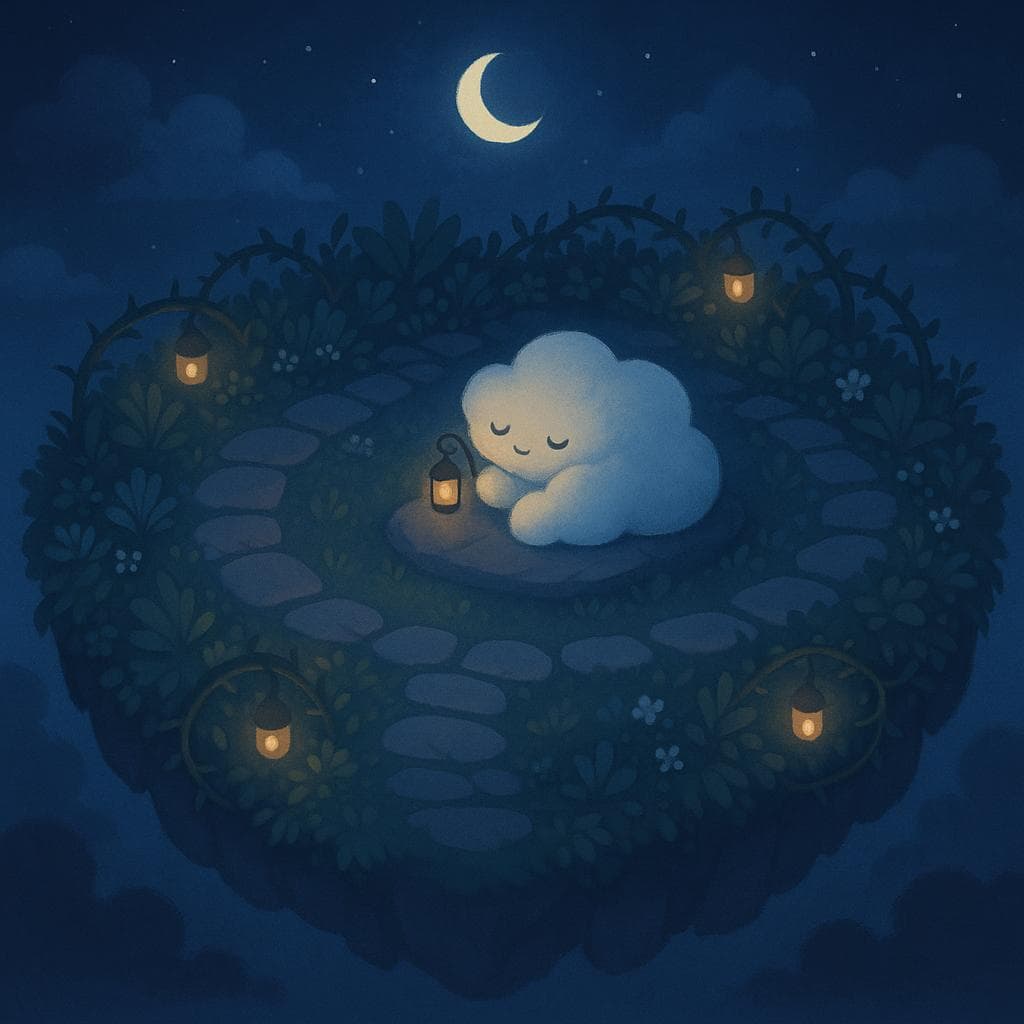 Overhead medium-wide digital illustration of the floating island garden at night, now calmer and more balanced, with the stone paths clearly defined and plants gently encircling a small clearing. The cloud character is curled up comfortably on a flat stone, softly glowing as it holds a tiny lantern that matches the warm lights sprinkled around, while the thorny vines appear tamed and woven into the garden’s edges. Moonlight and scattered lantern light create a peaceful interplay of cool blues and warm golds, conveying a sense of managed, harmonious emotional space.