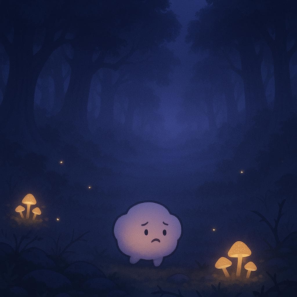 Wide establishing shot digital illustration of a misty forest clearing at twilight, ancient trees fading into deep blue and violet fog, with small clusters of glowing mushrooms and scattered fireflies lighting the scene. In the foreground, a gentle round cloud character with a soft, anxious expression is just arriving at the edge of the clearing, hovering low above moss-covered stones and a few subtle thorny branches that hint at challenge without dominating the scene. The main light comes from the bioluminescent mushrooms and fireflies, casting warm, grounding accents against the cool, minimalist palette.