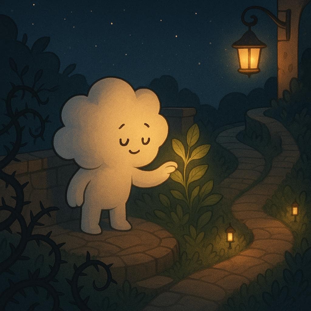 Medium shot digital illustration of the cloud character on a mid-level terrace, paused at a fork in the stone path where one route is tangled with thorny plants and the other gently lit by small lanterns. The cloud is reaching out to touch a glowing leaf on a nearby plant, and the touch sends a soft wave of warm light rippling through nearby foliage like a calming breath, symbolizing finding tools that actually shift stress. Lighting comes from bioluminescent plants and a single hanging lantern, creating a dreamy, focused pocket of light against the darker starry sky.