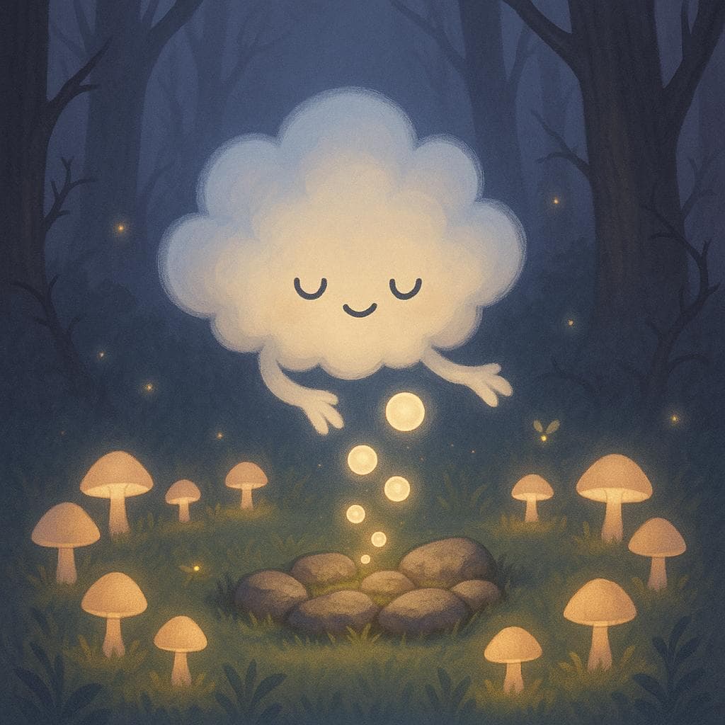 Medium shot digital illustration of the cloud character in the center of the misty clearing, mid-transformation as they gently stretch out small cloud-arms to release tiny glowing thought-bubbles that drift down onto mossy stones like a ‘brain dump’ journal. Around them, rings of mushrooms and fireflies brighten in response, forming a soft circle of light that contrasts with the darker, weathered tree trunks and faint thorny vines at the edges, symbolizing stress being held at bay. Lighting comes from the glowing bubbles and mushrooms, creating a focused, calm pool of warm light within the cool blue-purple forest.