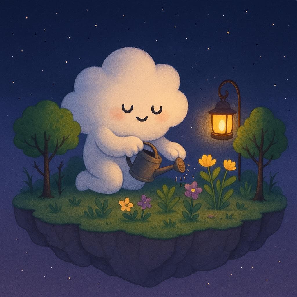 A calming digital illustration of the cloud character peacefully tending a small garden on a stable floating island at night, kneeling to water flourishing plants, flowers, and a couple of small, healthy trees that still include a few subtle thorns as reminders of past challenges. The island’s surface is less weathered and more cohesive, and a warmly glowing lantern hangs above or sits beside the cloud, casting a golden light that contrasts gently with the deep blue-purple star-filled sky. The composition feels hopeful and spacious, with the cloud’s relaxed posture and the thriving garden symbolizing realistic emotional growth, ongoing self-care, and a softer relationship to money stress.