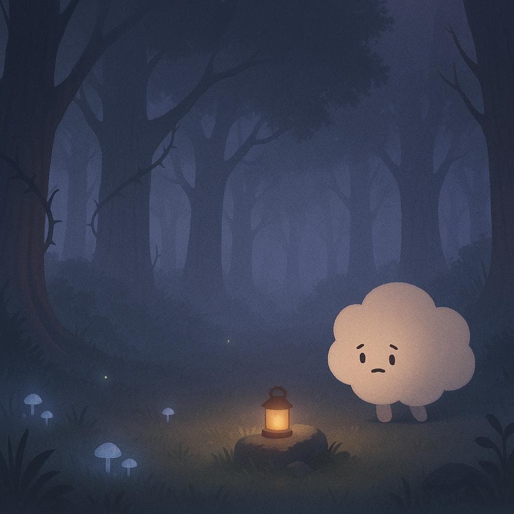 Wide establishing shot digital illustration of a misty forest clearing at twilight, ancient trees fading into blue-purple fog as a gentle round cloud character drifts in at the edge, pausing as if unsure whether they’re just tired or truly weighed down. Soft bioluminescent glows from scattered mushrooms and a few distant fireflies light the scene, with subtle thorny vines and weathered bark textures hinting at hidden challenges while a warm amber glow from a single low lantern near a moss-covered stone draws the cloud inward. Minimalist, clean style with muted colors and soft edges emphasizes the quiet, confused arrival.