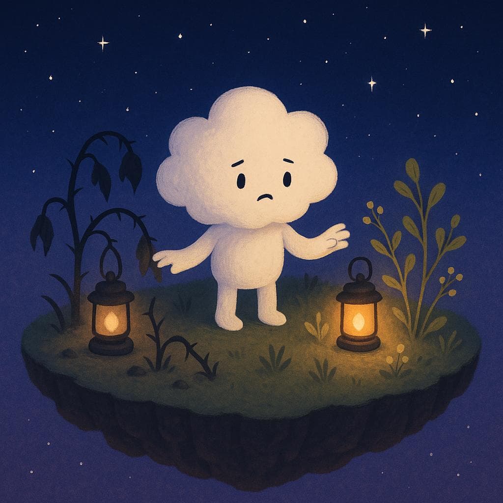 Digital illustration of the cloud character standing in the middle of a larger floating island at night, split visually into two zones: on one side, wilted plants with subtle thorns and a dim lantern symbolizing heaviness, and on the other, gently upright plants and tiny budding flowers catching a warmer lantern glow. The cloud looks thoughtfully between the two sides, one hand lightly touching a thorny stem, the other reaching toward a healthier plant, as stars shimmer above in a dark blue-purple sky. The composition is a slightly top-down wide shot, making the island feel like a little world where burnout and persistent sadness are being carefully observed and differentiated.