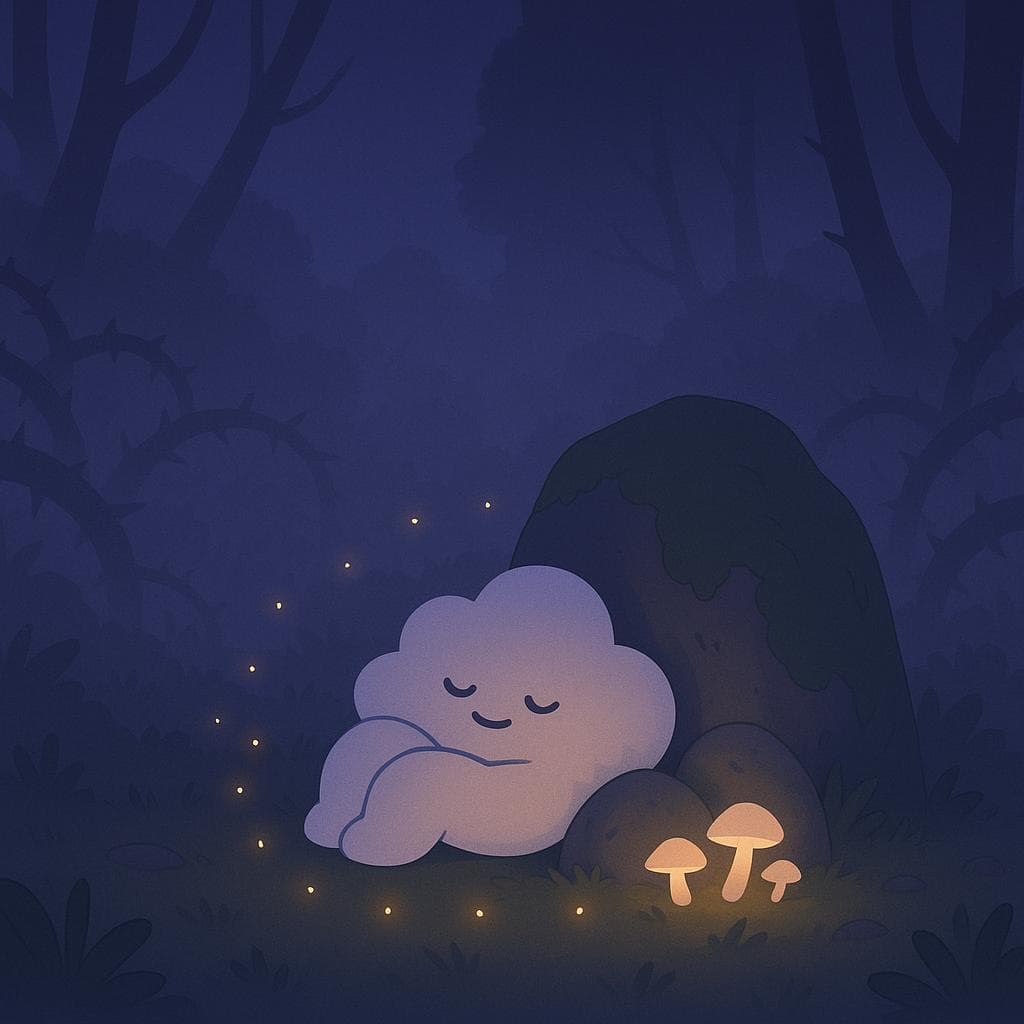 Wide shot digital illustration of the forest clearing now a bit brighter in deep indigo twilight, fog thinning as the cloud character rests comfortably curled against a large mossy stone encircled by softly glowing mushrooms. Fireflies form a loose, gentle ring of warm light around the cloud, and the once-harsh thorny vines are now blurred in the background, their edges softened by moss and distance. Minimalist, clean style with muted tones and warm accent lighting from the mushrooms and fireflies, conveying a grounded sense of understanding and quiet relief.