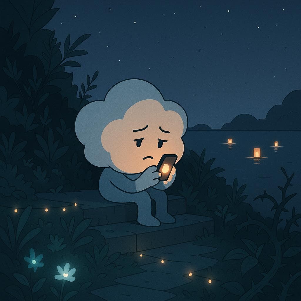 Medium shot digital illustration of the cloud character sitting on a low stone step along the terraced garden, surrounded by lush plants and a few thorny vines, holding a tiny glowing lantern close like a phone while distant lanterns on other small islands float far away. The cloud looks gently conflicted and lonely yet thoughtful, as scattered fairy lights along the path and bioluminescent flowers cast soft pools of light that don’t quite reach the edges of the scene. Twilight sky with stars overhead, minimalist clean style, muted cool palette with warm light accents emphasizing the contrast between being ‘connected’ and still feeling isolated.