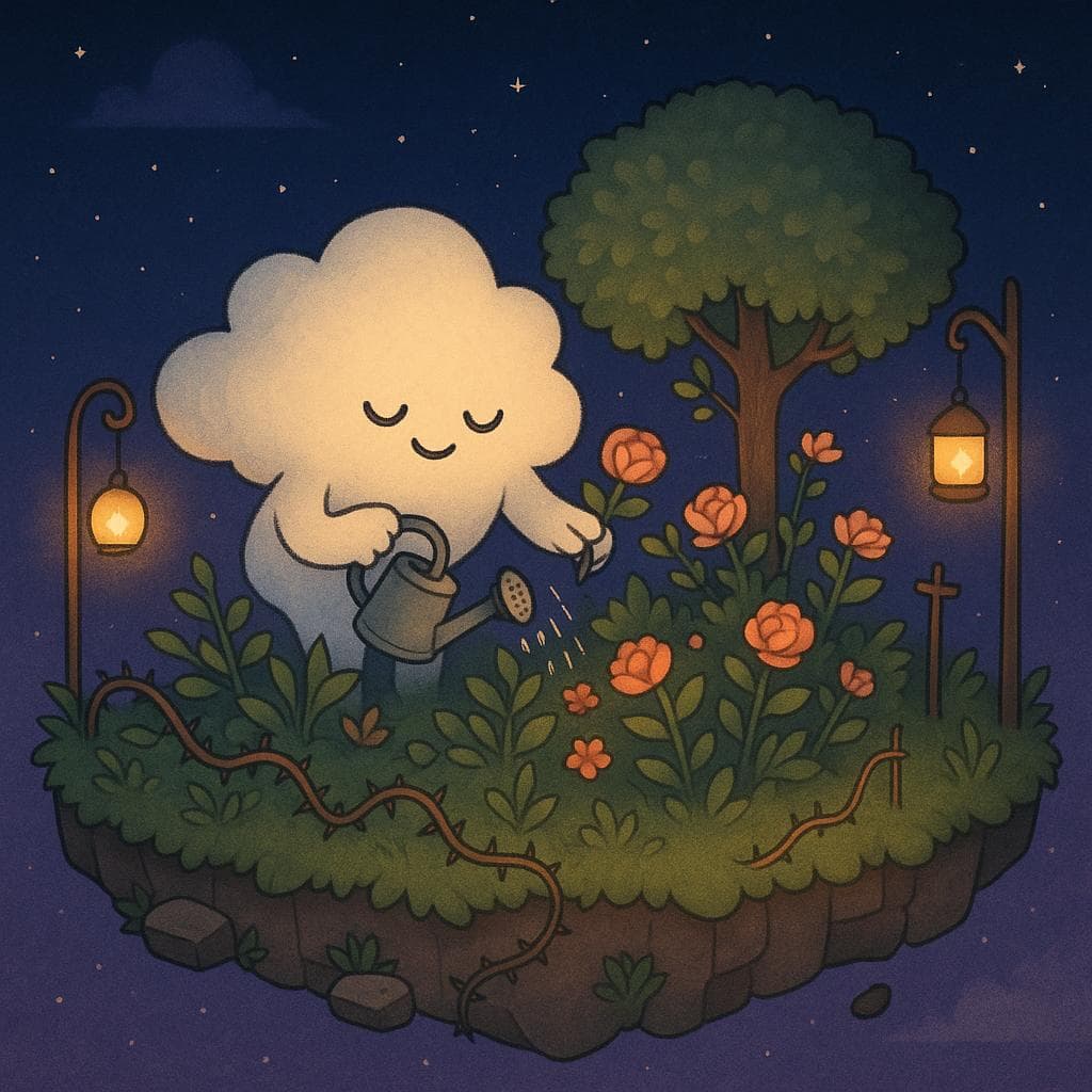 A calming digital illustration of the cloud character peacefully tending to a lush floating island garden under a starry dark blue and purple night sky, carefully watering plants and arranging flowers around a small, friendly tree. Thorns remain in a few vines and weathered stones edge the island, but they feel soft and manageable, integrated into the scene rather than threatening. Several warm lanterns hang from branches and simple posts, casting a gentle, golden light over the cloud and the thriving plants, creating a hopeful, serene atmosphere of quiet connection and self-care.
