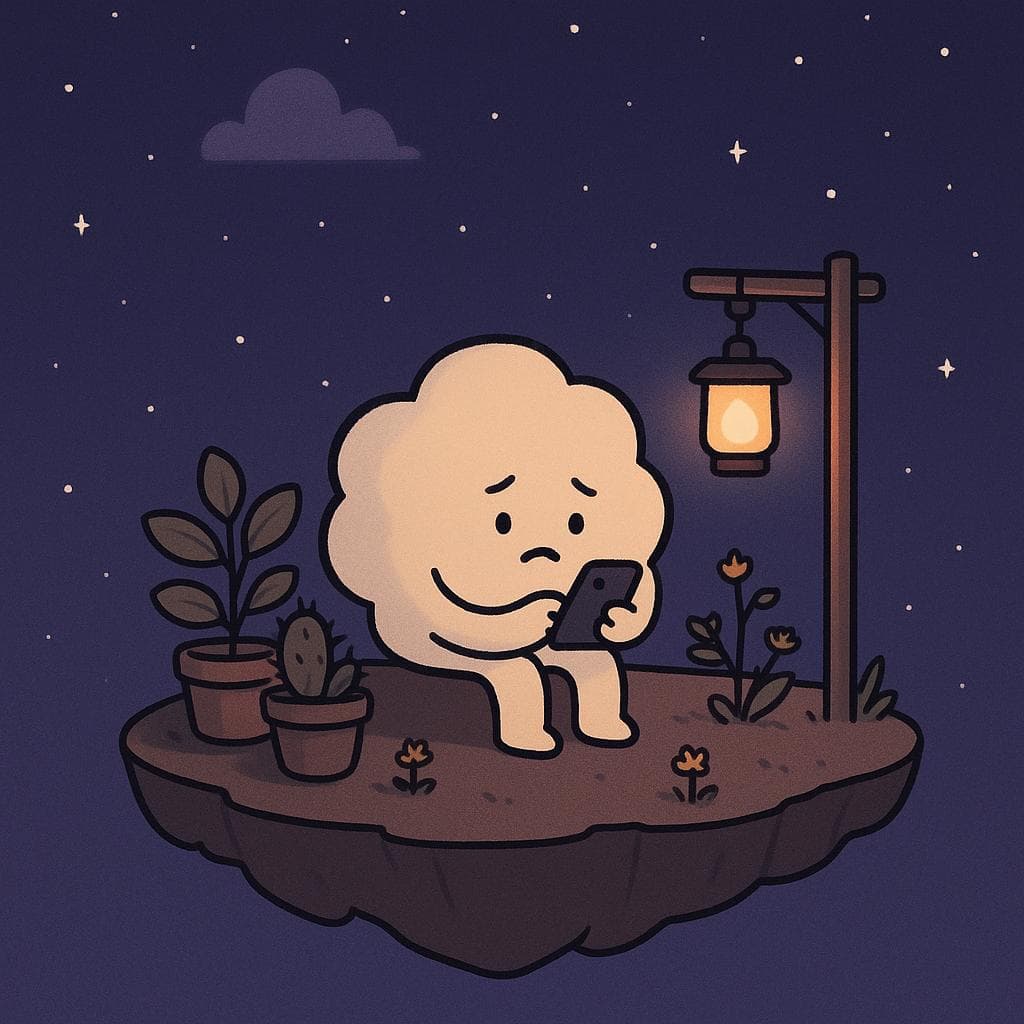 A minimalist digital illustration of a small floating island drifting in a deep blue-purple night sky filled with soft stars, introducing a gentle, round cloud character sitting on the edge with a phone in hand, looking a bit overwhelmed but curious. Around the cloud are a few potted plants and tiny flowers, some with subtle thorns or slightly weathered leaves, while a warm lantern hangs from a simple wooden post, casting a cozy glow over the scene. The mood is calm, relatable, and slightly dreamy, capturing that late-night search for wellness apps without feeling heavy.