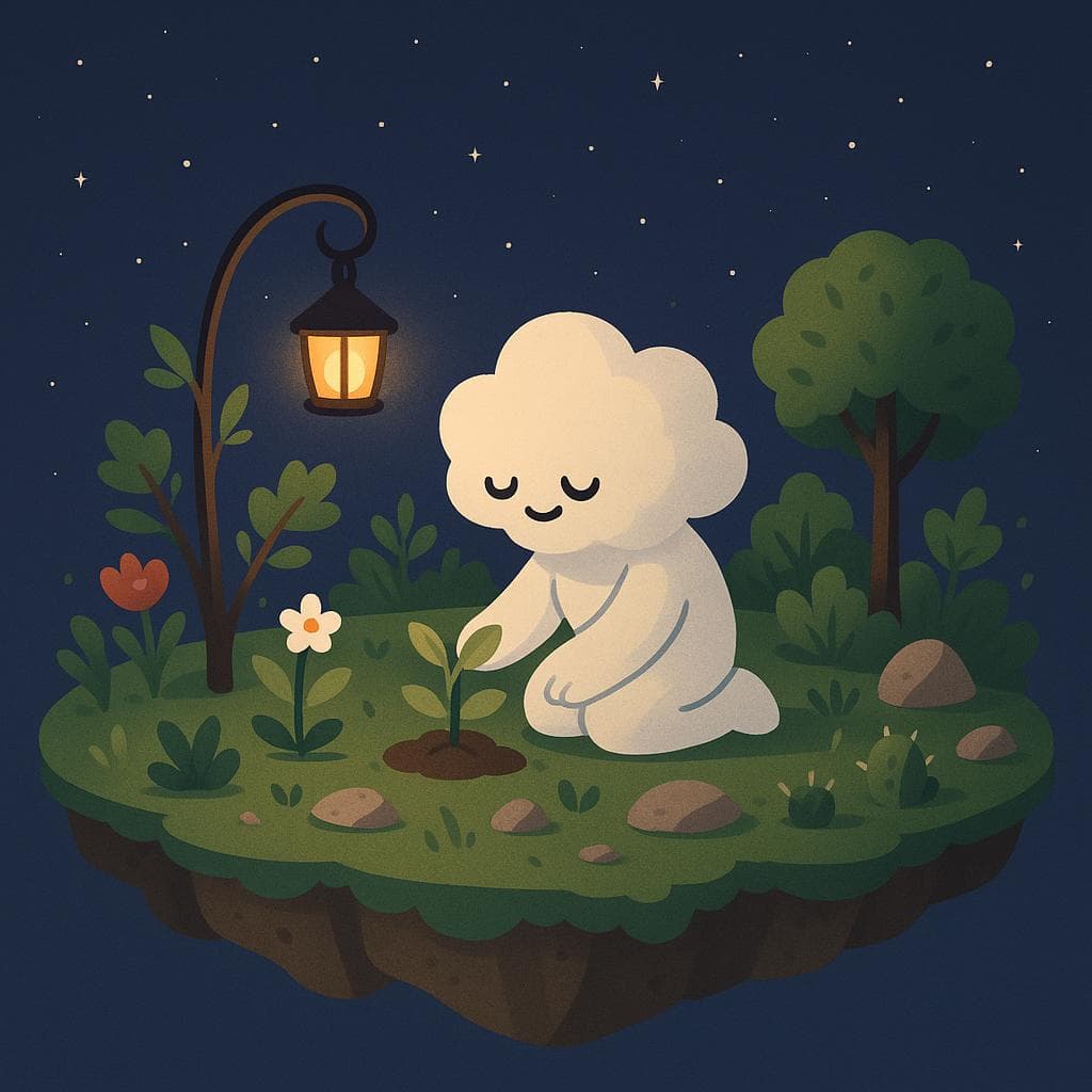 A soothing digital illustration of a floating island at night, now a lush but minimalist garden where the cloud character is peacefully tending to plants, flowers, and small trees that look balanced and thriving, with a few gentle thorns and weathered stones tucked naturally into the landscape. The cloud is kneeling or sitting comfortably, placing a new sprout into the soil under the cozy glow of a warm lantern hanging from a curved branch. The dark blue-purple starry sky and clean, uncluttered style create a hopeful, calming ending that feels like a sustainable self-care routine finally taking root.