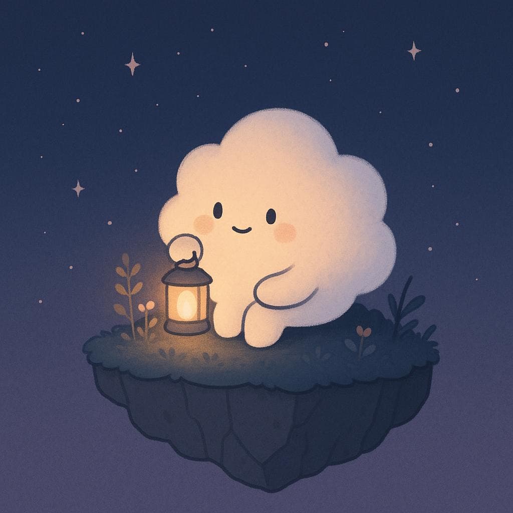 Digital illustration of a soft, round cloud character sitting on the edge of a small floating island at night, holding a warm lantern that casts a cozy glow over a few tiny plants and flowers around it. The dark blue-purple sky is filled with gentle stars, and subtle thorns and slightly weathered rocks line the island’s edge to hint at challenges without feeling scary. Minimalist, clean style with calm, comforting colors to match a relatable, introspective mood.