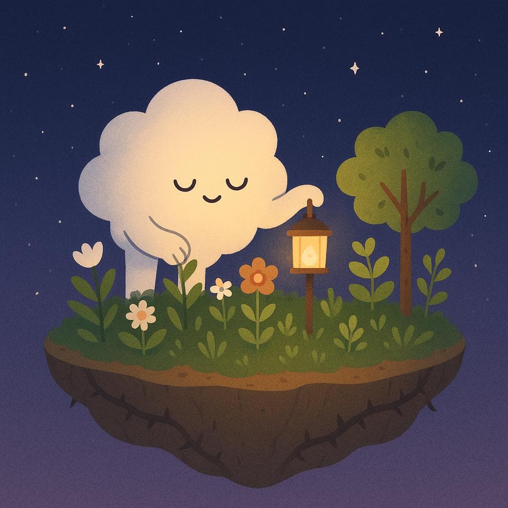 Digital illustration of the cloud character peacefully tending to a thriving garden of plants, flowers, and a small tree on a floating island at night, placing the warm lantern on a simple post so its cozy light softly illuminates the scene. The island shows hints of past challenges with faint thorns and weathered textures, but the overall mood is serene and hopeful under a deep blue-purple star-filled sky. Minimalist, clean style that feels like a gentle, comforting ending and a stable self-care routine.