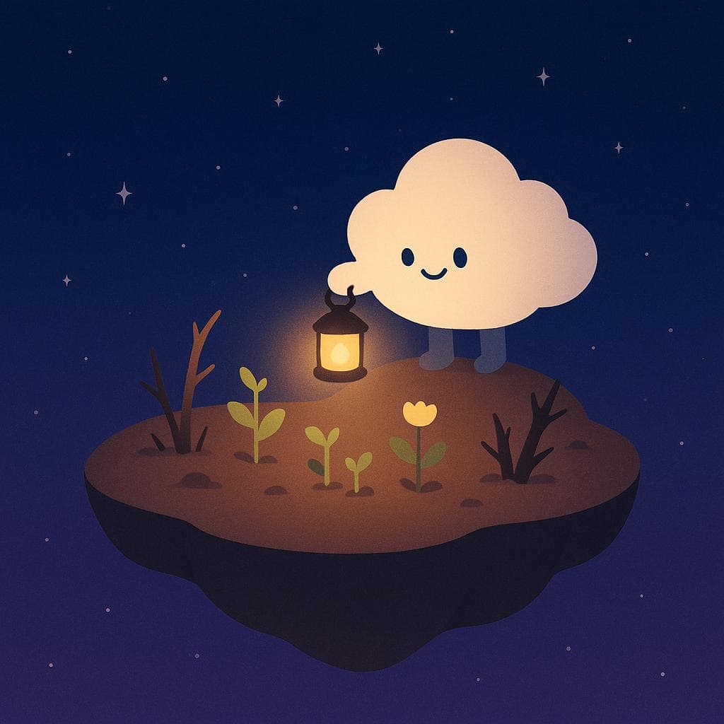 Minimalist digital art of the same friendly cloud character standing on a slightly larger floating island, using its warm lantern to gently illuminate new plant sprouts, small trees, and flowers growing among a few thorny, weathered branches. The night sky is deep blue and purple with calming stars, and the island has soft edges and a whimsical, dreamy feel, as if suspended in space. The composition should convey small but meaningful progress, with the lantern light creating a hopeful path through subtle signs of difficulty.