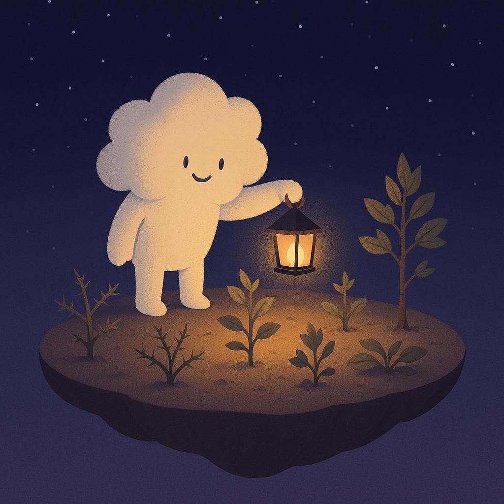The cloud character stands near the center of a slightly larger floating island, where several plants and small trees are growing at different stages, some with subtle thorns and worn edges to show past challenges. The cloud is gently adjusting a lantern to cast warm light on one side of the garden while the rest of the island fades into the deep blue-purple, starry night, symbolizing exploring new options and making changes. The minimalist digital illustration shows a sense of cautious progress and self-advocacy, with the cozy glow contrasting the surrounding darkness.