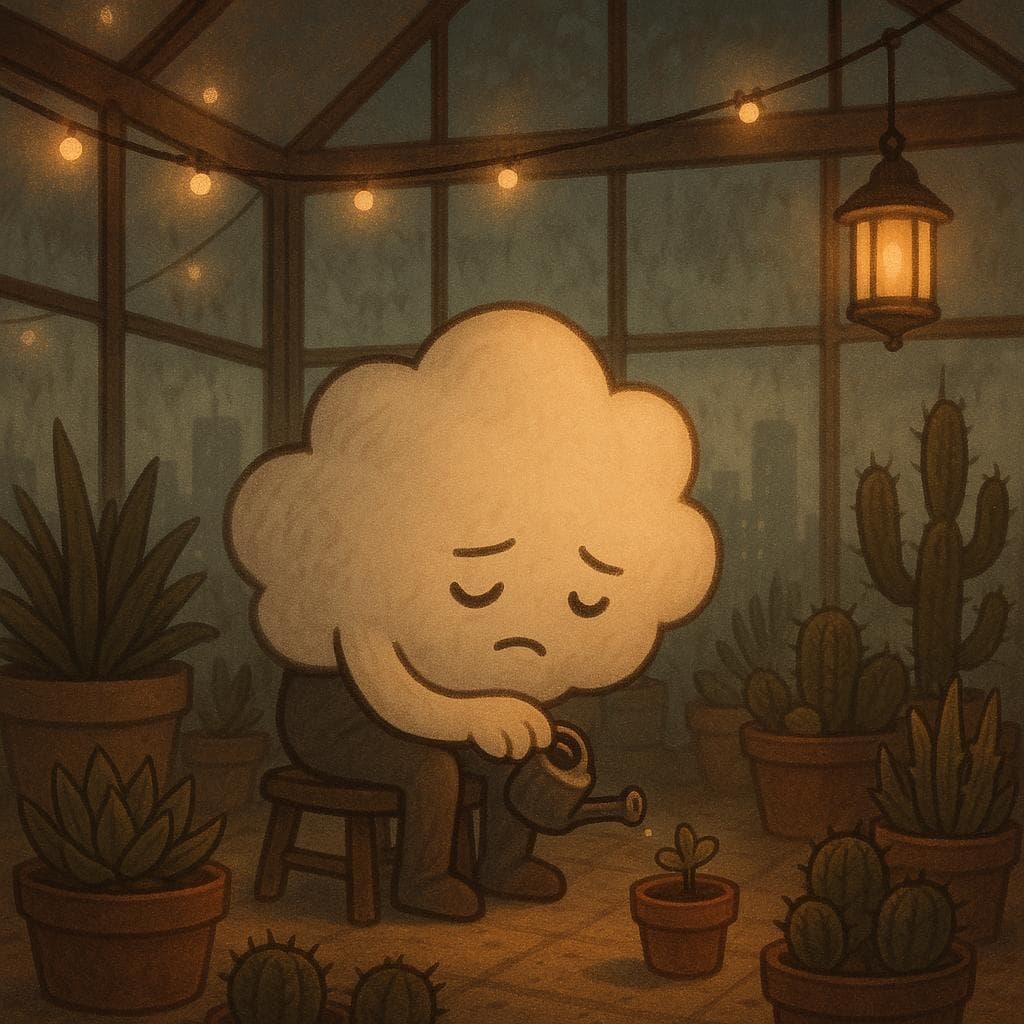 Medium shot digital illustration inside the rooftop greenhouse, the cloud character slumped on a small stool among potted succulents, reaching out to water just one tiny plant with a miniature watering can. Soft string lights and a single hanging lantern cast warm pools of light over a mix of thriving and slightly thorny, weathered plants, with a fogged glass panel showing the muted city skyline outside. The mood is vulnerable but hopeful, capturing the idea of micro-steps: the cloud looks exhausted yet gently focused on this one small, doable act of care.