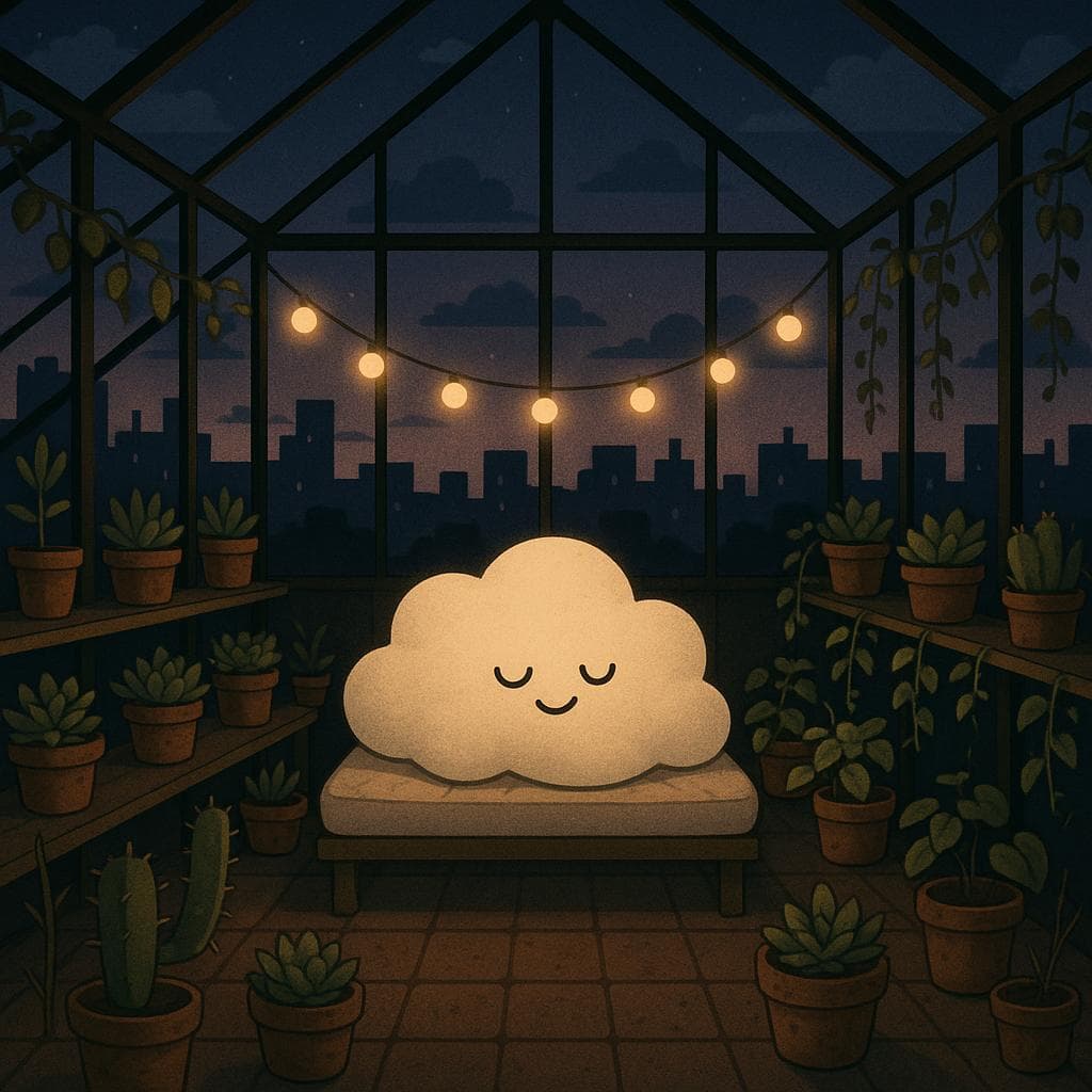 Wide overhead digital illustration of the rooftop greenhouse at late twilight, the city silhouette dark and calm beyond glass panels, as the cloud character lies peacefully on a cushioned bench between rows of succulents and trailing vines. String lights form a soft halo of warm glow around the cloud, whose face now looks content and lighter, with a few previously drooping plants nearby standing a bit taller despite some remaining thorns and weathered pots. The mood is quiet resolution and maintenance-mode peace, emphasizing gentle accomplishment rather than perfection in this serene urban sanctuary.
