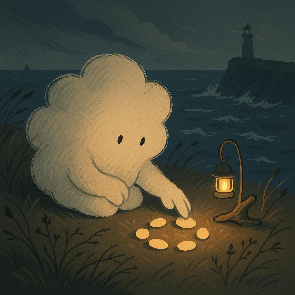 Medium shot digital illustration of the cloud character sitting low to the ground near the cliff edge, its soft form slightly frayed at the edges as wind whips the grasses and small thorny stems around it. A warm pool of light from a nearby piece of driftwood holding a tiny lantern and a few glowing pebbles contrasts with the deep blue sea below, where whitecaps crash in the dim lighthouse and moonlight. The cloud gently reaches out to arrange the glowing objects into a small circle, symbolizing beginning to make sense of chaos, minimalist style with muted colors and warm accent lighting.