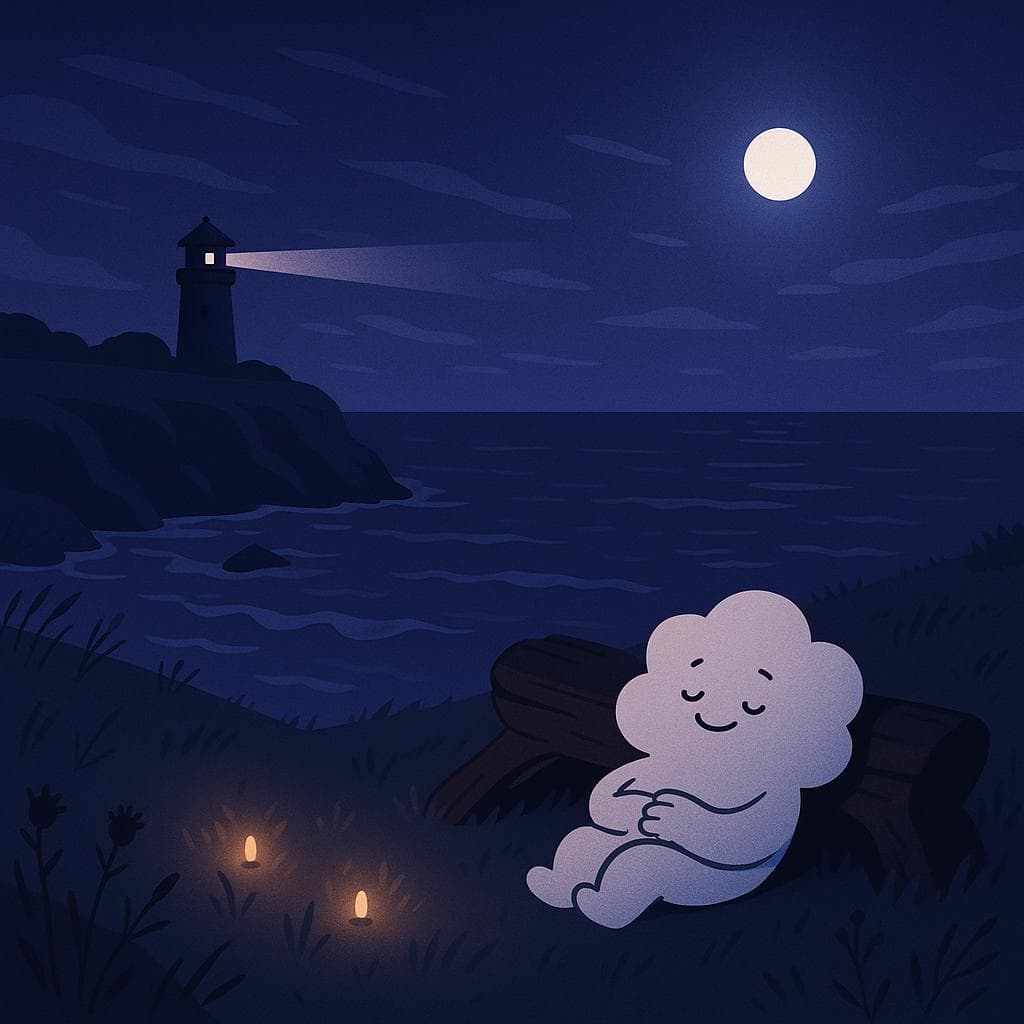 Wide shot digital illustration of the seaside cliff sanctuary at late twilight, now calmer, with the sky shifting to deep indigo and the waves below appearing more rhythmic than violent. The cloud character reclines against a large piece of driftwood like a bench, its expression softer and more open as it watches the lighthouse glow and a few tiny warm lights it has placed among the wind-swept grasses. Moonlight and the steady lighthouse beam provide gentle, balanced lighting, subtly catching on former thorny plants that now look like part of the natural texture, conveying quiet resolution in a clean, minimalist style.
