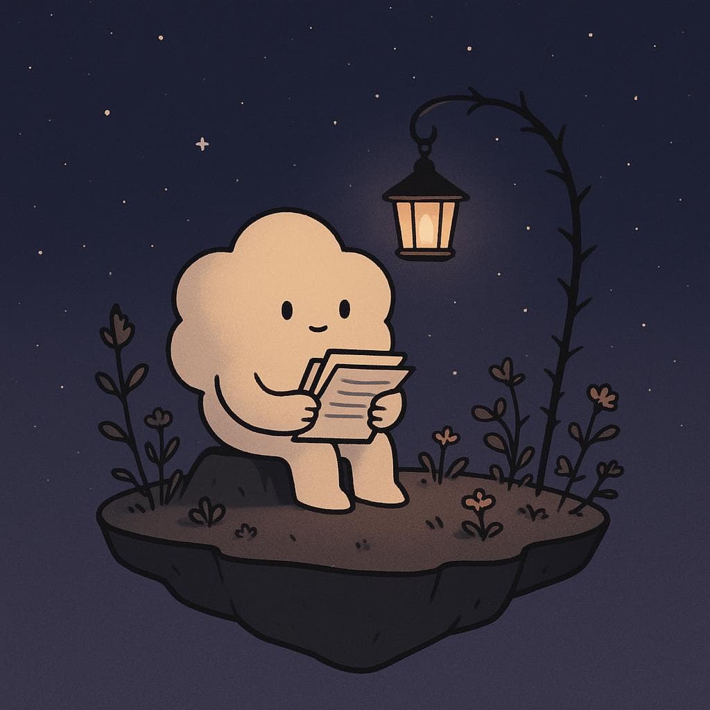 A minimalist digital illustration of a gentle, round cloud character sitting on the edge of a small floating island at night, clutching a stack of papers that subtly resemble student loan bills. Sparse plants and tiny flowers grow around them, some with small, soft thorns or slightly weathered leaves, while a single warm lantern hangs from a bent branch, casting a cozy glow against a deep blue-purple starry sky. The mood feels tender and relatable, like quiet overwhelm without being dark or hopeless.