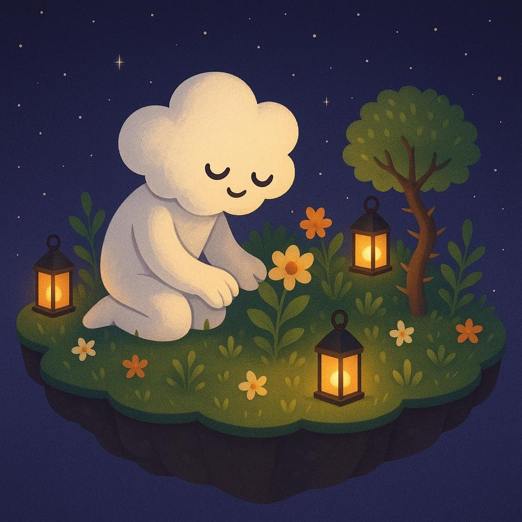 A calming digital illustration of the cloud character kneeling on a floating island garden at night, peacefully tending to lush plants, flowers, and a small tree that has a few soft thorns along its trunk to show past struggle. Several lanterns with warm, golden light are nestled among the greenery, illuminating the island against a serene dark blue-purple starry sky. The overall composition feels hopeful and grounded, as if the character is gently caring for their emotional wellbeing while the challenges remain present but no longer overwhelming.
